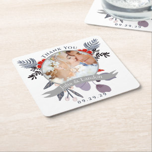 Lavender Red Blue Wildflower Bloom Wreath Wedding Square Paper Coaster