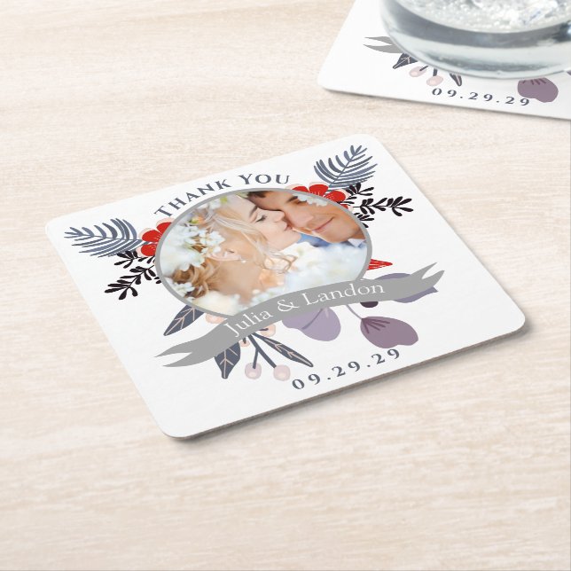 Lavender Red Blue Wildflower Bloom Wreath Wedding Square Paper Coaster (Angled)