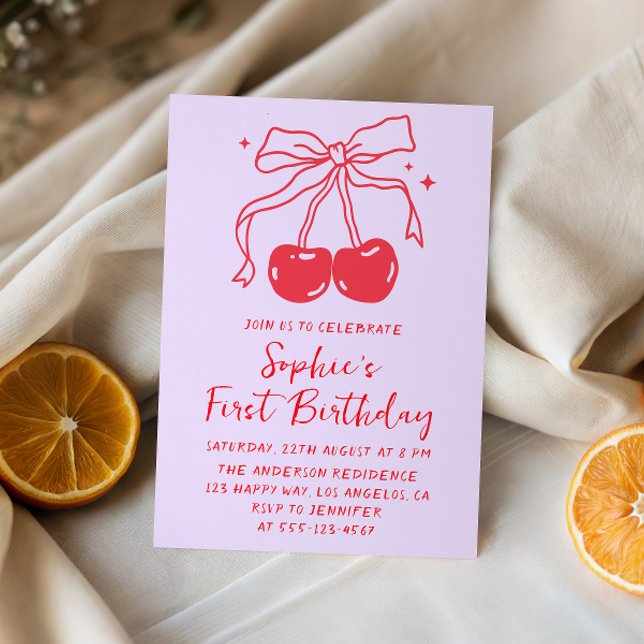 Lavender & Red Bow Cherry Fruit 1st Birthday Party Invitation (Creator Uploaded)