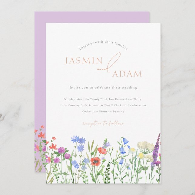 Lavender Red Poppies Bluebells Wildflowers Wedding Invitation (Front/Back)