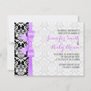 Lavender Ribbon Black And White Damasks Wedding Invitation