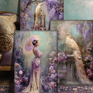 Lavender Romance Vintage Fantasy Portrait & Birds Wrapping Paper Sheet