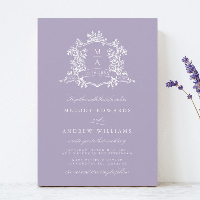 Lavender Romantic Floral Crest Wedding Invitation (Creator Uploaded)
