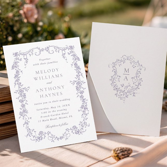Lavender Romantic French Floral Wedding  Invitation (Front & Back)
