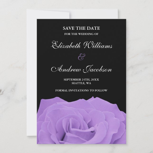 Lavender Rose and Black Wedding Save the Date (Front)