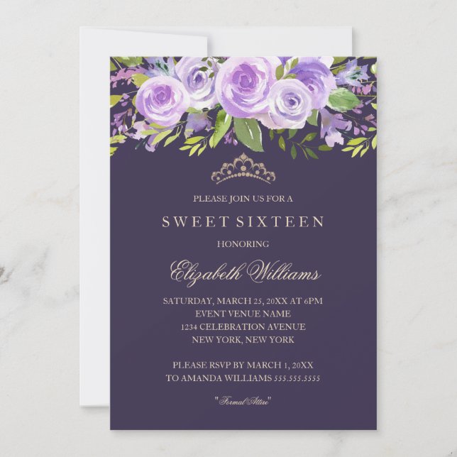 Lavender Rose Floral Sweet Sixteen Invitation (Front)