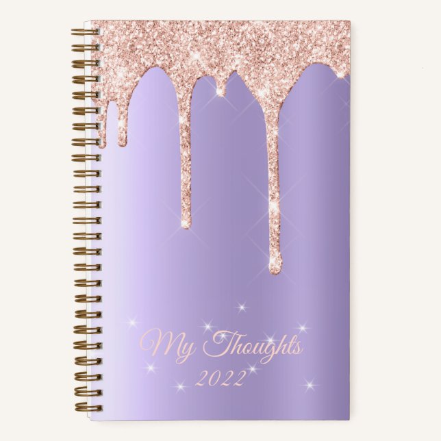 Lavender Rose Gold Drip Glitter Custom Text Diary Notebook (Front)