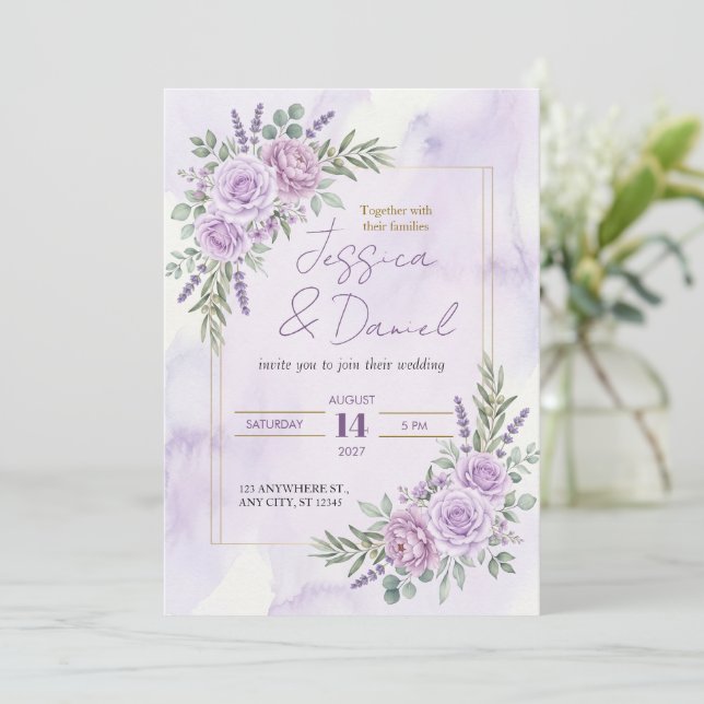 Lavender Rose Gold Frame Wedding Invitation (Standing Front)