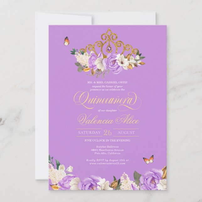 Lavender Rose Gold Tiara Butterfly Quinceanera Invitation (Front)