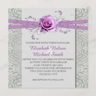 Lavender Rose Grey Silver Damask Wedding Invite