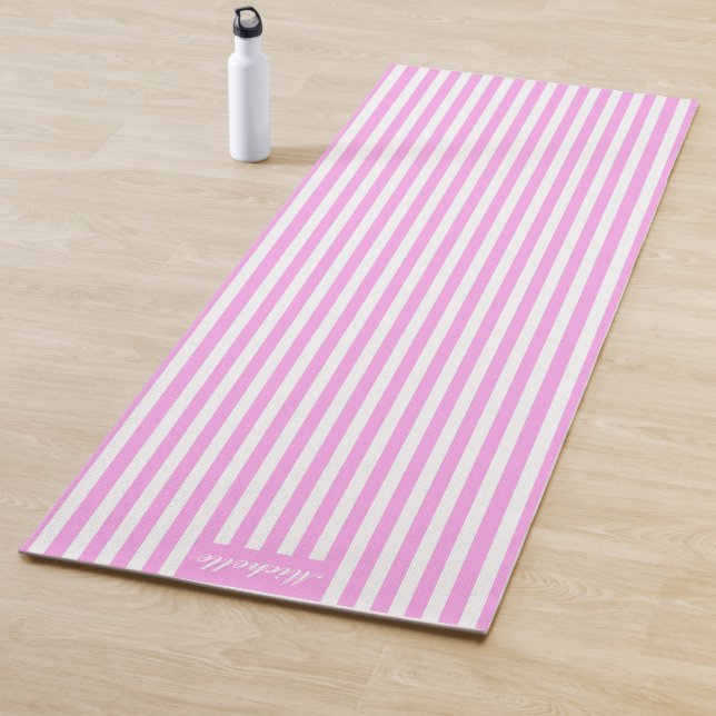 Lavender Rose Pink White Stripe Line Custom Name  Yoga Mat (In Situ)