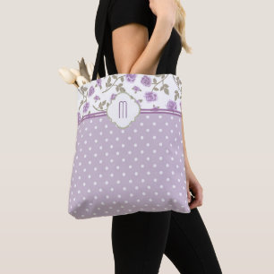 Lavender Rose Polka Dot Monogram Tote Bag