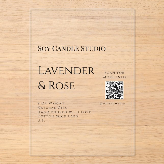 Lavender rose soy candle business add q r code tex acrylic invitations (Front)
