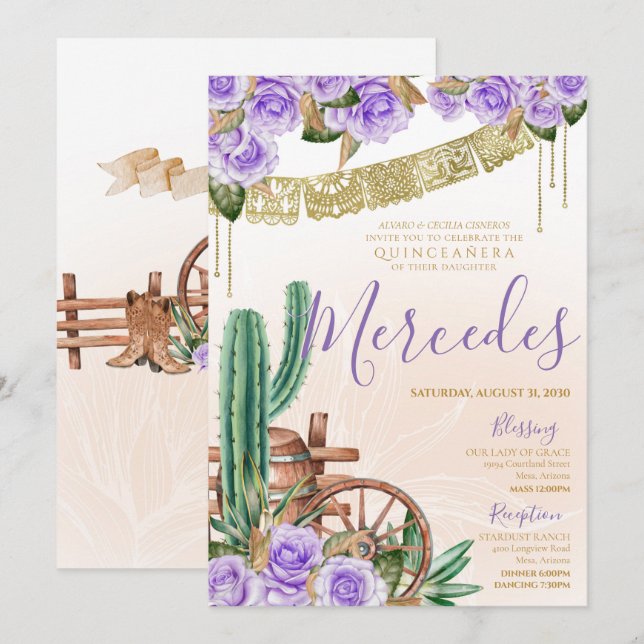 Lavender Rose Western Cactus Charro Quinceanera Invitation (Front/Back)