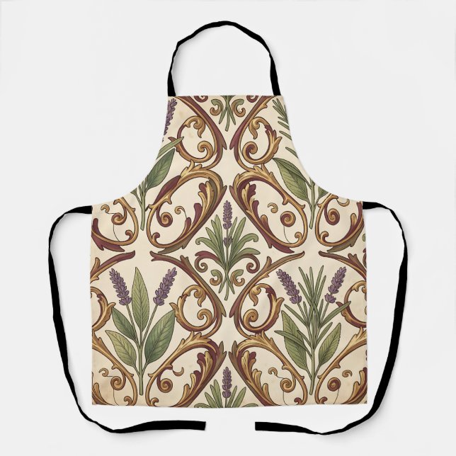 Lavender Rosemary Gold Scroll Pattern  Apron (Front)
