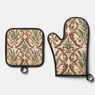 Lavender Rosemary Gold Scroll Pattern Oven Mitt & Pot Holder Set