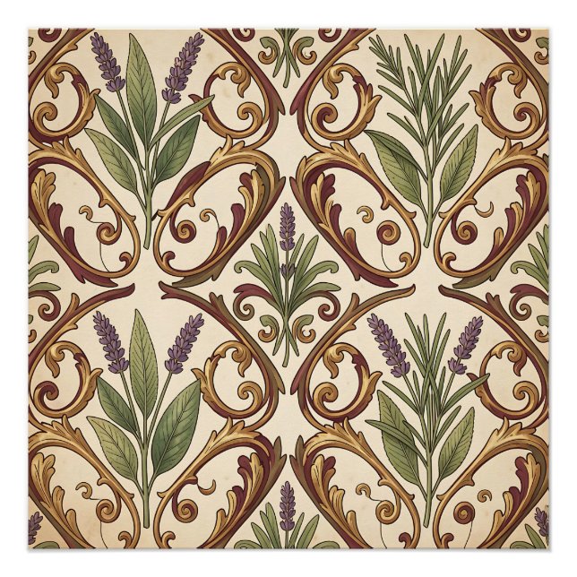Lavender Rosemary Gold Scroll Pattern  Poster (Front)