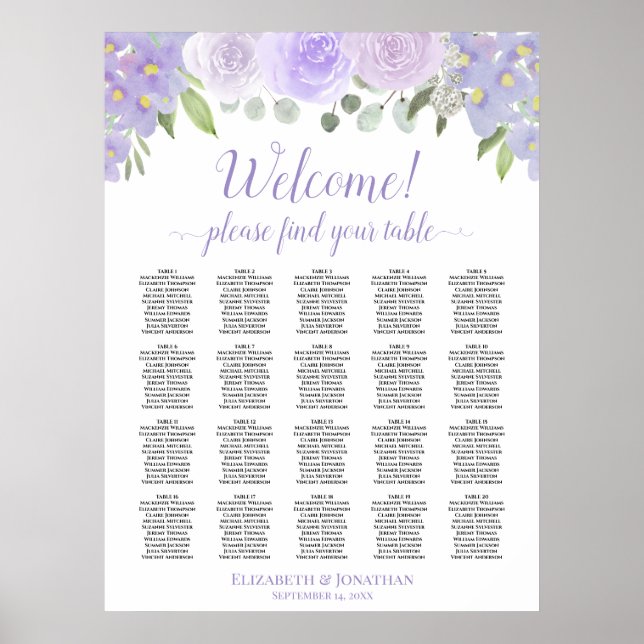 Lavender Roses 20 Table Boho Wedding Seating Chart (Front)