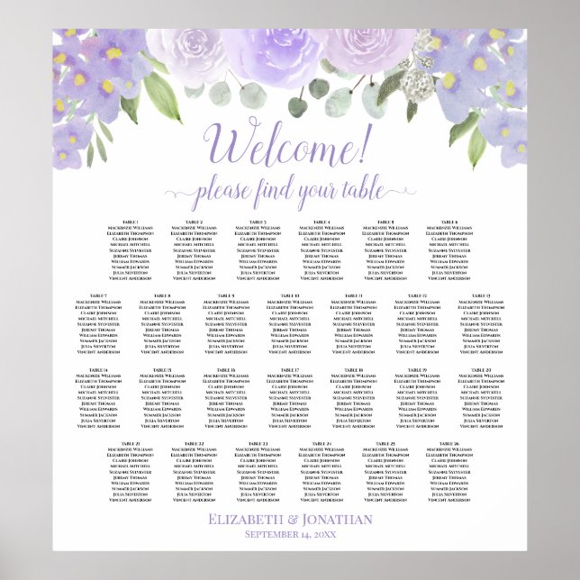 Lavender Roses 26 Table Boho Wedding Seating Chart (Front)