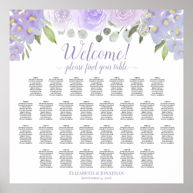 Lavender Roses 29 Table Boho Wedding Seating Chart (Front)