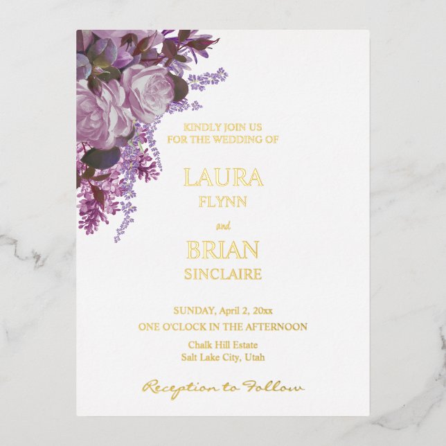 Lavender, Roses and Lilacs, Wedding Foil Invitation Postcard (Front)
