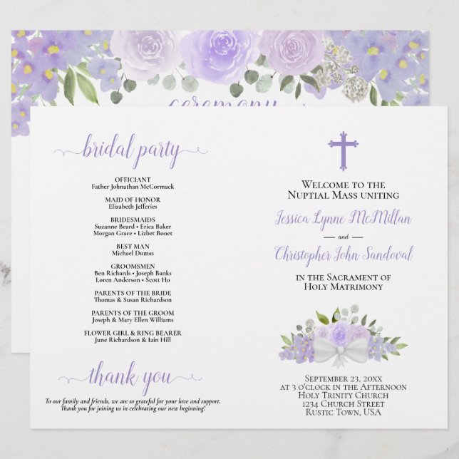 Lavender Roses DIY Fold Catholic Wedding Program (Front/Back)