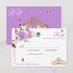 Lavender Roses Gold Gemstone Tiara Quinceanera RSVP Card
