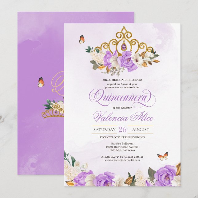 Lavender Roses Gold Tiara Purple Butterfly Quince Invitation (Front/Back)