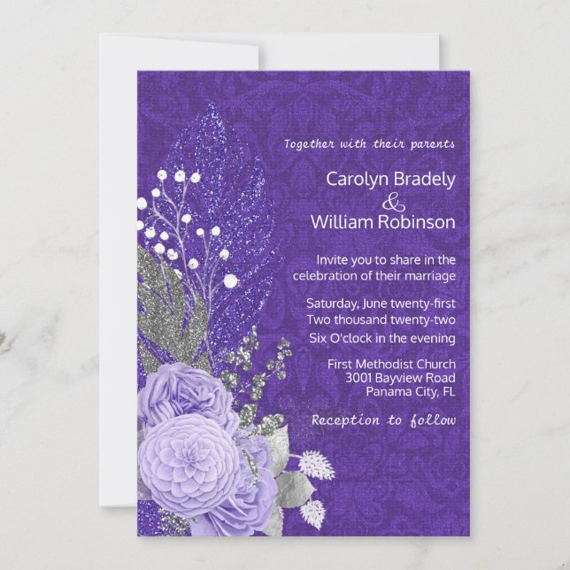 Lavender Roses on Purple Damask Wedding Invitation (Front)
