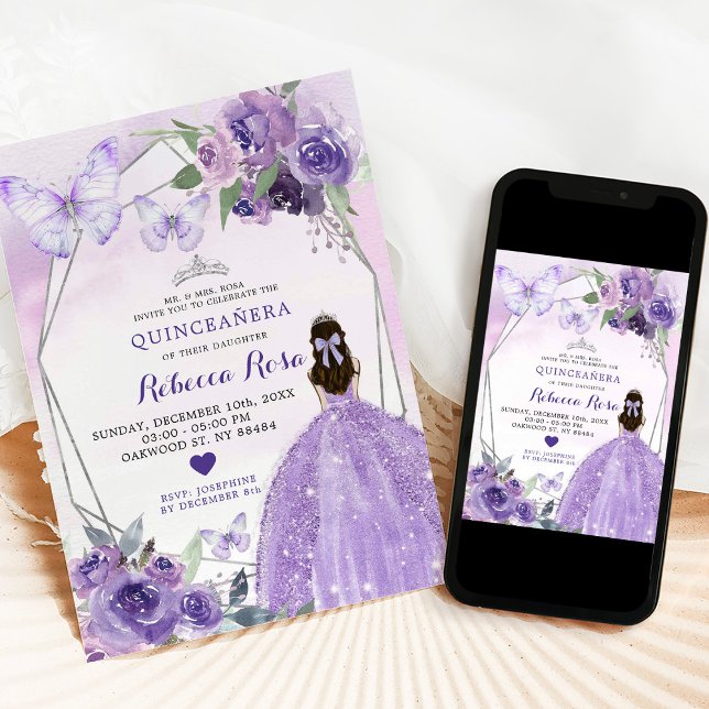 Lavender Roses Princess Quinceañera Butterfly Invitation (Creator Uploaded)