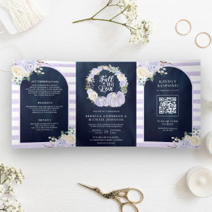 Lavender Roses Pumpkin QR Code Navy Blue Wedding Tri-Fold Invitation