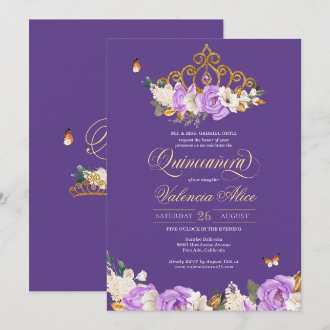 Lavender Roses Royal Purple Gold Tiara Quinceanera Invitation (Front/Back)