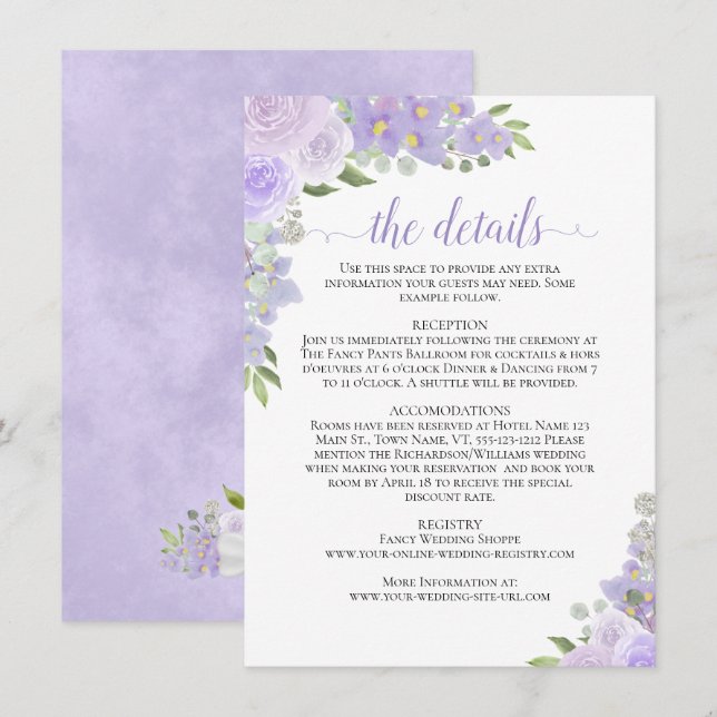 Lavender Roses Rustic Boho Chic Wedding Details Enclosure Card (Front/Back)