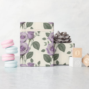 Lavender Roses With Silver And Green Leaves Wrapping Paper