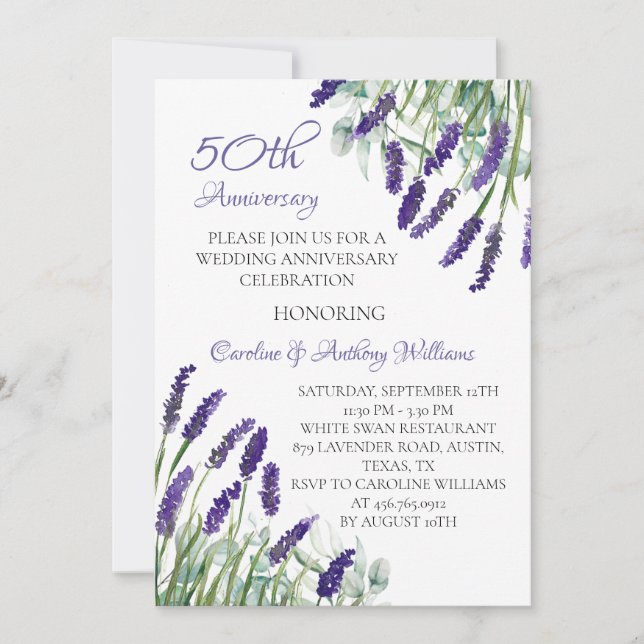 Lavender Rustic Botanical 50th Wedding Anniversary Invitation (Front)