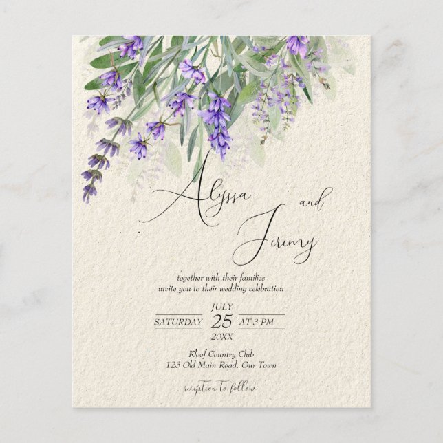 Lavender rustic countryside QR RSVP budget invite (Front)