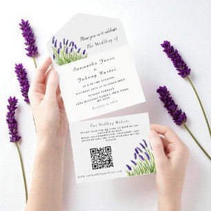 Lavender Rustic Floral Watercolor QR Code Wedding  All In One Invitation