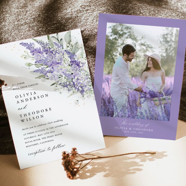 Lavender & Sage Green Floral Photo Wedding Invitation (Lavender sage green floral photo wedding invitation with romantic couple field imagery)