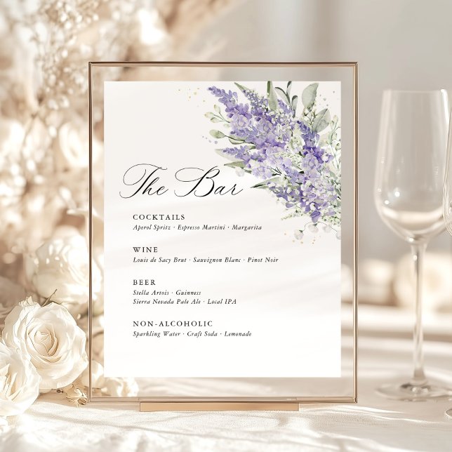 Lavender & Sage Green Floral Wedding Bar Menu Pedestal Sign (Lavender sage green floral wedding bar menu sign, romantic watercolor garden wedding reception)