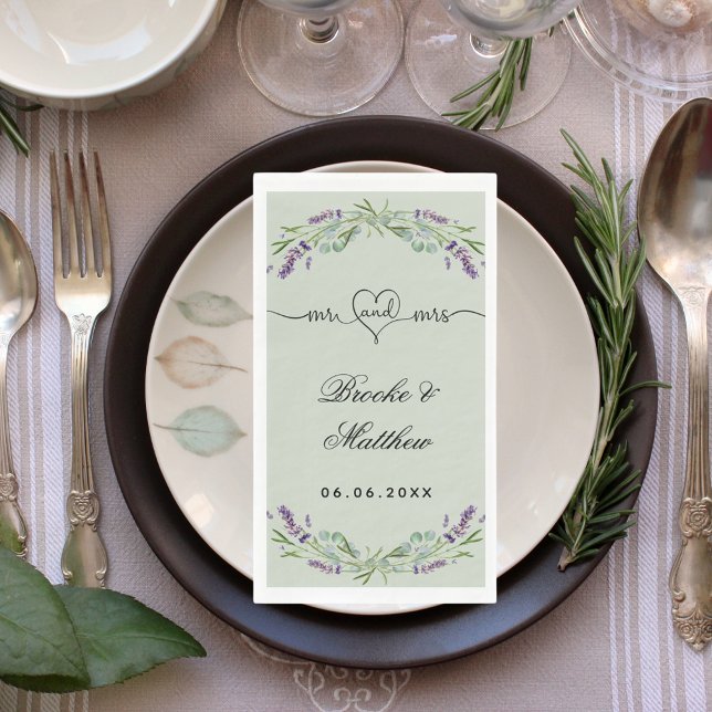 Lavender sage green florals mr mrs heart wedding napkin (Creator Uploaded)