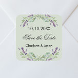 Lavender sage green wedding Save the Date Square Sticker<br><div class="desc">A Save the Date sticker for your wedding. A trendy sage green background decorated with lavender flowers and eucalyptus greenery.  Personalise and add your names and wedding date.</div>