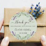 Lavender sage green wedding thank you classic round sticker<br><div class="desc">A sage green background decorated with lavender flowers and eucalyptus greenery.  Personalise and add your names and wedding date. With the text: Thank you for sharing our special day.</div>