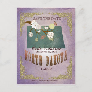 Lavender Save The Date - ND Map With Lovely Birds Announcement Postcard