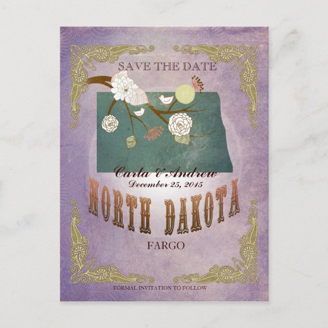 Lavender Save The Date - ND Map With Lovely Birds Announcement Postcard (Front)
