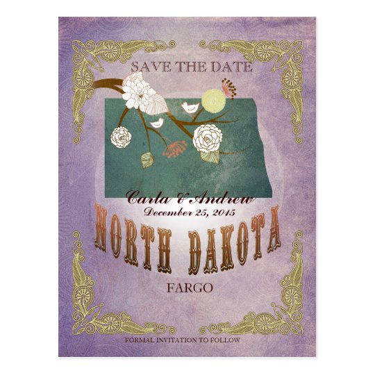Lavender Save The Date - ND Map With Lovely Birds Postcard