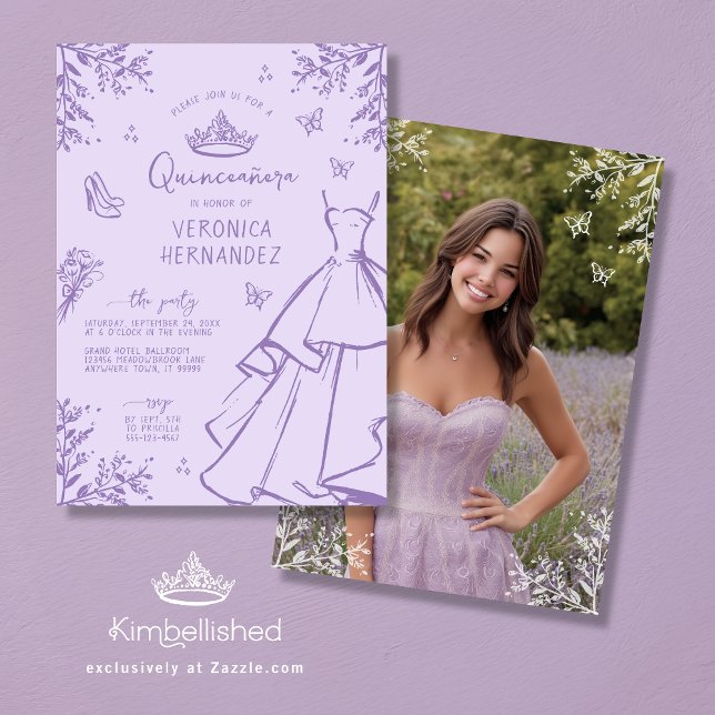 Lavender Scribble Photo Quinceanera Invitation (Front and Back)