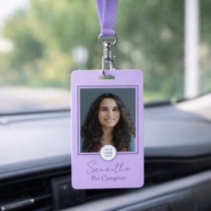Lavender Script Business Logo Photo Pet Caregiver  ID Badge