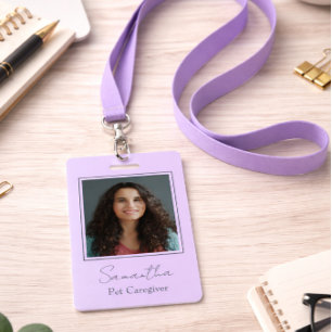 Lavender Script Business Logo Photo Pet Caregiver  ID Badge