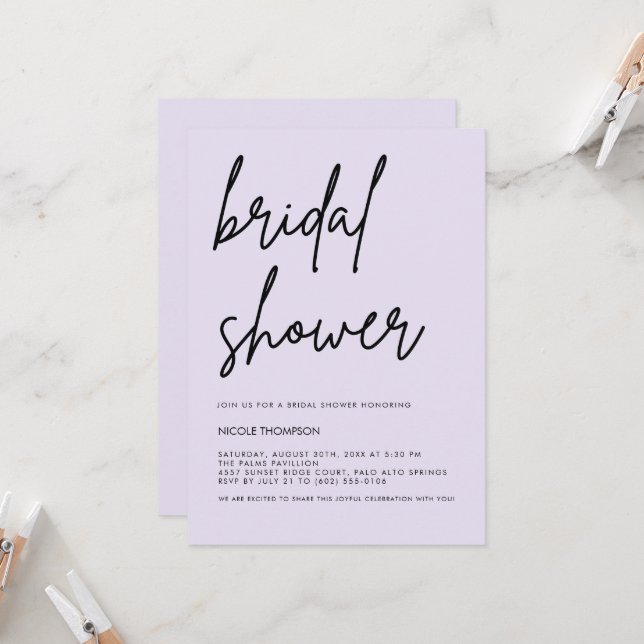 Lavender Script Modern Bridal Shower Invitation  (Front/Back In Situ)