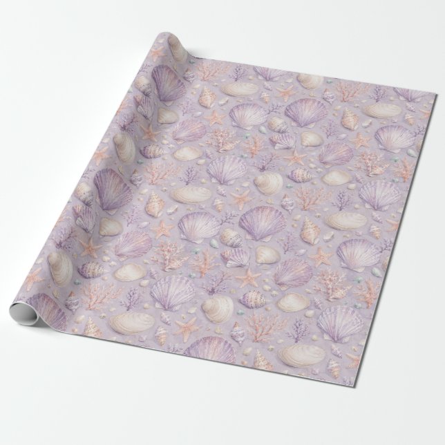 Lavender Seashell Watercolor Coastal Pattern Gift  Wrapping Paper (Unrolled)